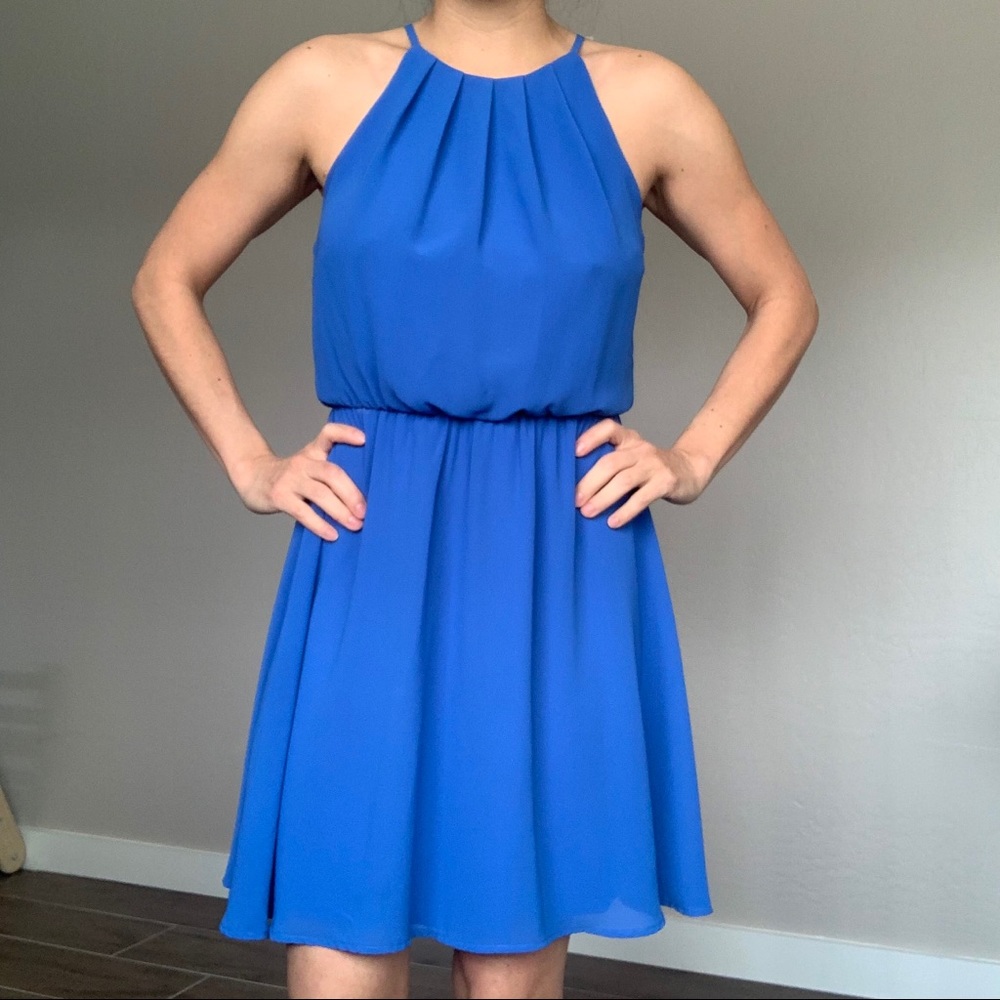 Blue High Neck Chiffon Dress